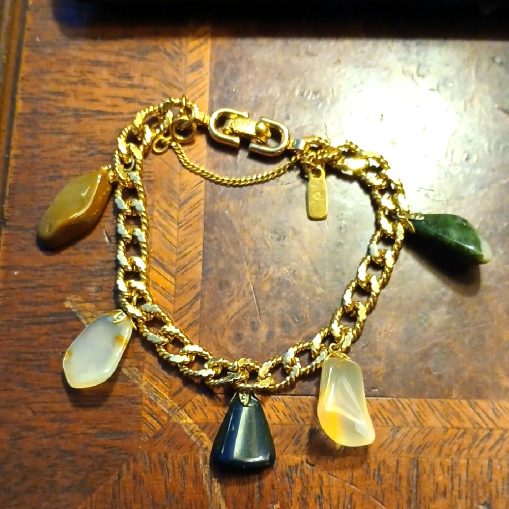 Monet Gold Tone Charm Bracelet with Multicolor Stones